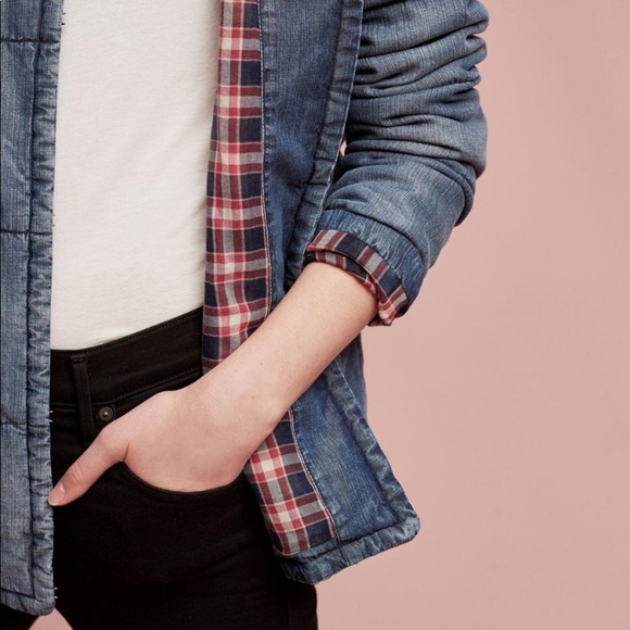 Anthropologie Cloth & Stone Chambray Quilted Plaid-Lined Car Coat - Picture 2 of 7